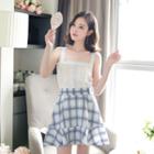 Set: Lace-trim Sleeveless Top + Inset-short Plaid Miniskirt