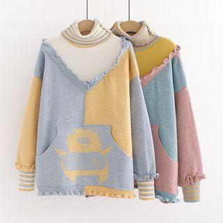 Frilled Trim Turtleneck Panel Sweater