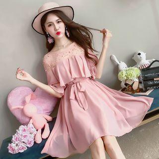 Ruffle Trim Elbow-sleeve A-line Chiffon Dress