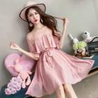 Ruffle Trim Elbow-sleeve A-line Chiffon Dress