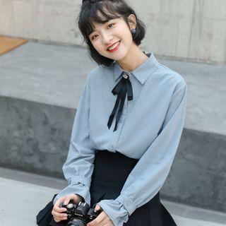 Plain Long-sleeve Shirt With Bow