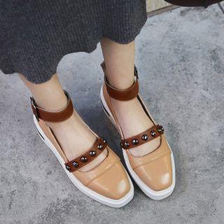 Faux-leather Color-block Studded Flats