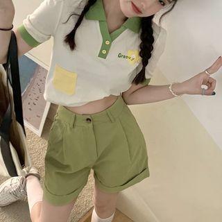 Short-sleeve Floral Applique Polo Shirt / Shorts