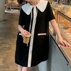Elbow-sleeve Collar Two-tone Mini A-line Dress