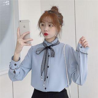 Long-sleeve Contrast Trim Tie Neck Shirt