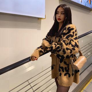 V-neck Leopard Cardigan With Belt Beige - One Size