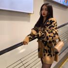 V-neck Leopard Cardigan With Belt Beige - One Size