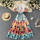 V-neck Print Short-sleeve Puff-sleeve Dress