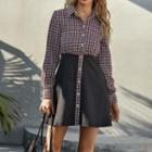 Long Sleeve V-neck Tweed Paneled Button-up A-line Dress