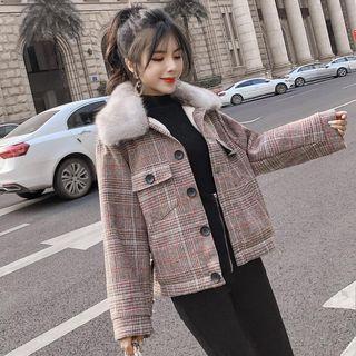 Furry-trim Buttoned Plaid Coat
