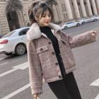 Furry-trim Buttoned Plaid Coat