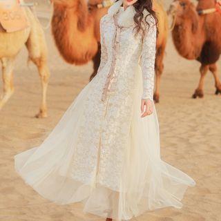 Long-sleeve Frog Buttoned Top / Spaghetti Strap Maxi Dress / Removable Collar / Set