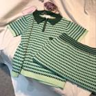 Set: Plaid Short-sleeve Polo Knit Top + Knit Pencil Skirt Green - One Size