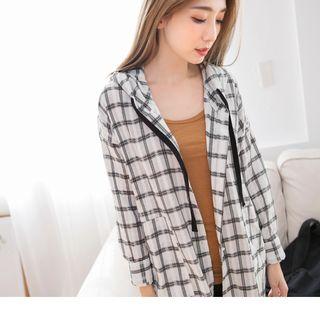 Curved Hem Plaid Hooded Shirt