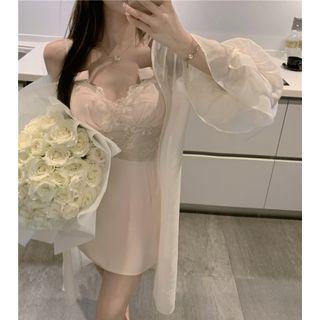 Spaghetti Strap Lace Trim Mini Sheath Dress / Light Jacket