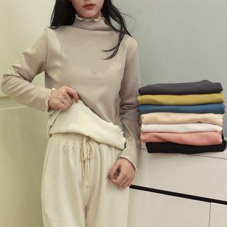 Fleece-lined Wood Ear Trim Long-sleeve Top