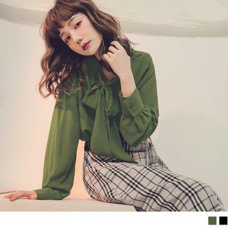 Long Puff-sleeve Lace-up Chiffon Top