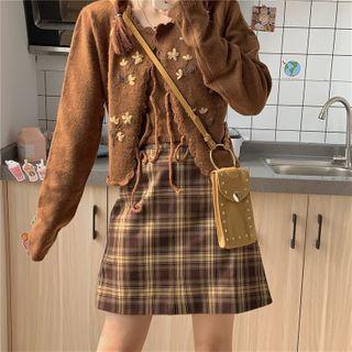 Flower Embroidered Ruffle Trim Cardigan/ Plaid High-waist Mini Skirt/ Plain Camisole Top