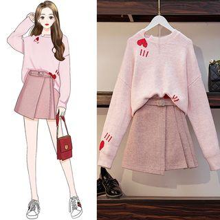 Set: Heart Jacquard Sweater + Mini Skirt