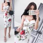 Spaghetti-strap Floral Midi Bodycon Dress