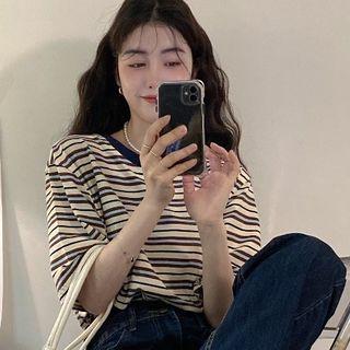 Short-sleeve Striped T-shirt Stripes - Almond & Coffee - One Size