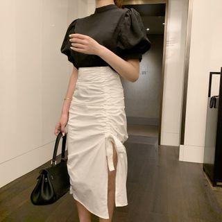 Puff-sleeve Mock-neck Top / High-waist Slit Midi Skirt