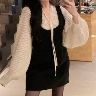 Long-sleeve Tie-neck Knit Top / Mini Sheath Overall Dress