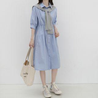 Set: Elbow-sleeve Plain Shirt Dress + Striped Shawl