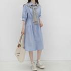 Set: Elbow-sleeve Plain Shirt Dress + Striped Shawl