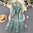 Long-sleeve Mesh Panel Layered Midi A-line Dress