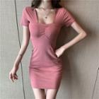 Short-sleeve Square-neck Plain Mini Bodycon Dress