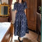 Short-sleeve Flower Print Maxi A-line Dress Dark Blue - One Size