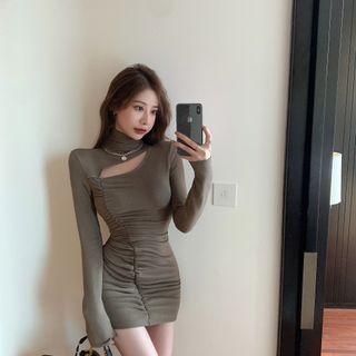 Long-sleeve Cutout Ruched Mock-neck Mini Bodycon Dress