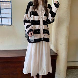 V-neck Striped Cardigan / Long-sleeve Midi A-line Dress