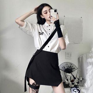 Elbow-sleeve Butterfly Print Shirt / Irregular Mini Skirt