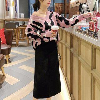 Set: Leopard Print Sweater + Midi Straight-fit Skirt