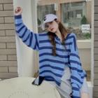 Two-tone Striped Open-front Knit Top Blue - One Size