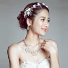 Bridal Set: Faux Pearl Flower Headpiece + Earrings + Rhinestone Necklace