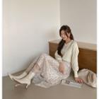 Set: Faux-pearl Knit Top + Lace-overlay Long Velour Skirt Ivory - One Size