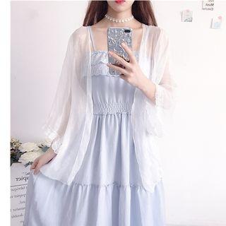 Eyelet Lace Trim Midi Spaghetti Strap Dress / Open Front Light Jacket
