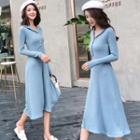 Long-sleeve Collared Midi A-line Knit Dress