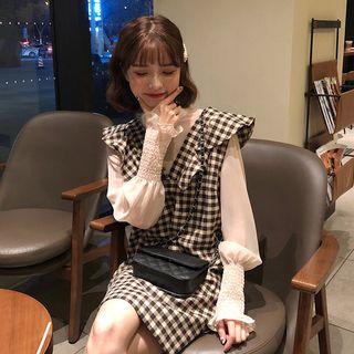 Mock-neck Lantern-sleeve Blouse / Checked Ruffle Trim Sleeveless Mini Shift Dress