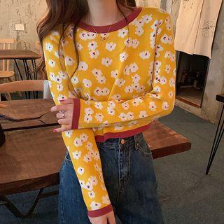 Long-sleeve Floral Patterned Cropped Knit Top
