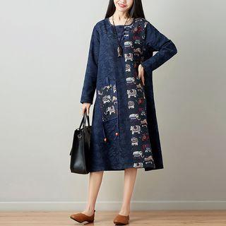 Elephant Print Panel Long-sleeve Dress