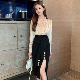 Long-sleeve V-neck Blouse / Tie-waist Midi Pencil Skirt