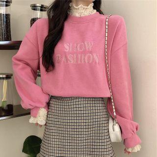 Mock Two-piece Lace Trim Embroidered Sweatshirt