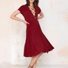Short-sleeve Cross Front A-line Midi Dress