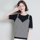 Striped Mock Two-piece Short-sleeve Knit Top