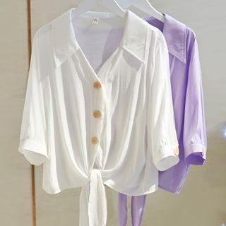 Plain Short-sleeve Tie-hem Blouse