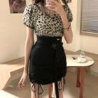 Short-sleeve Furry Leopard Print Top / Buckled A-line Mini Skirt